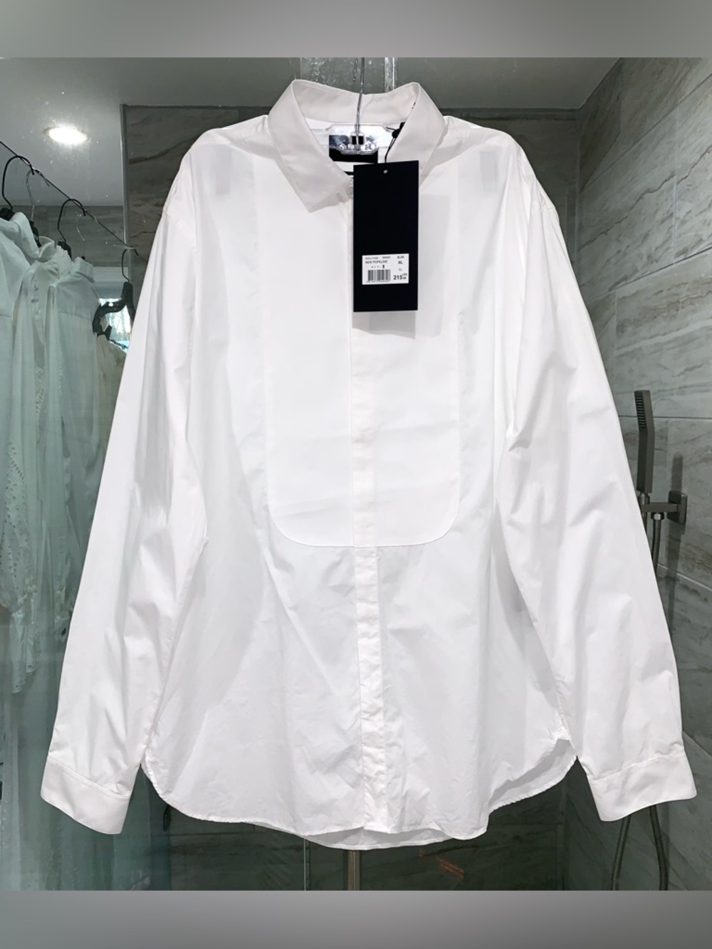 The KOOPLES $215 White Men's Popeline Dress Shirt with Bib Front, Size XL.